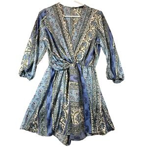 Zara Floral Paisley Patchwork Romper Womens Small Blue Boho Ring Detail V-Neck